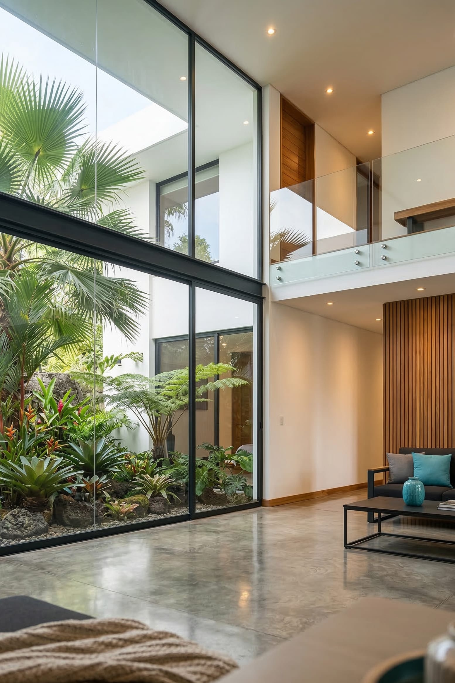 Interior residencial con ventanales de vidrio